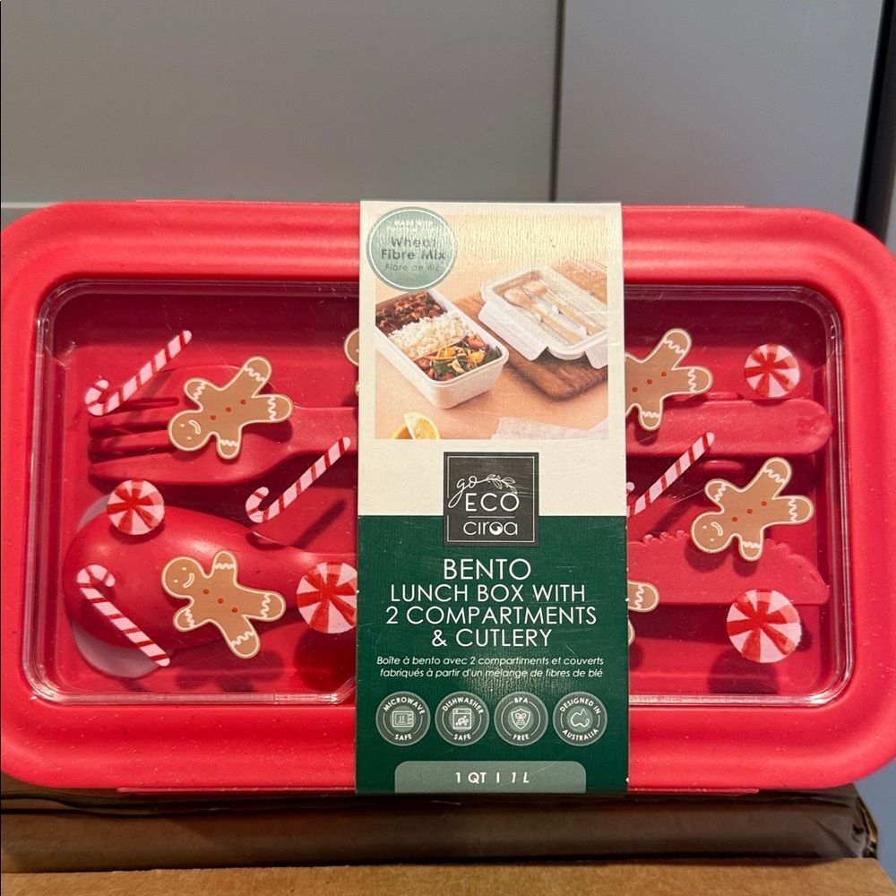 Ciroa Red Bento Lunch Box with Candy Cane Design